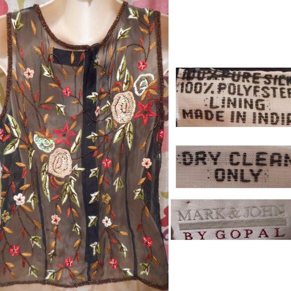Mark & John by GOPAL Black Silk Crepe Sleeveless Top w/Beading & Embroidery! M - Picture 3 of 3